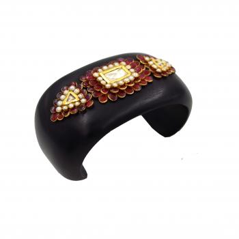 Ebony Wood with Real Gold Kundan work with Multicolor Stone Cuff Bracelet 